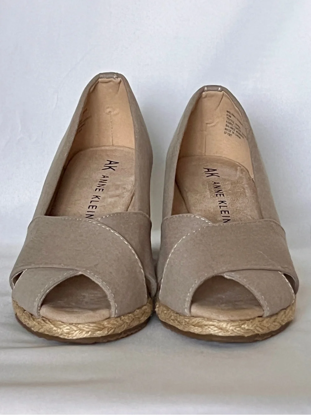 Anne Klein Espadrille Wedge Peep-Toe Canvas Sandals Shoes Taupe Tan Beige 8
